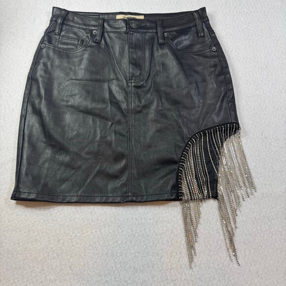 Rock & Roll Denim Chain Fringe Black Mini Skirt Size 28 High Rise Bold and Styl - Picture 2 of 10